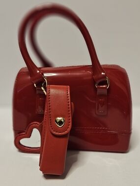 Small Red Patent Mini Satchel Handbag with Heart Charm